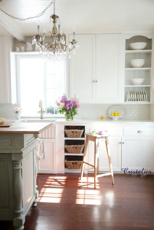 french country kitchen with crystal chandelier